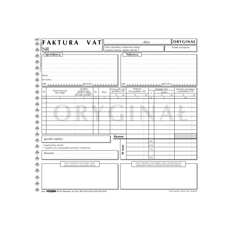 Faktura VAT (1+1) uniwersalna - samokopiująca  WZÓR 2013